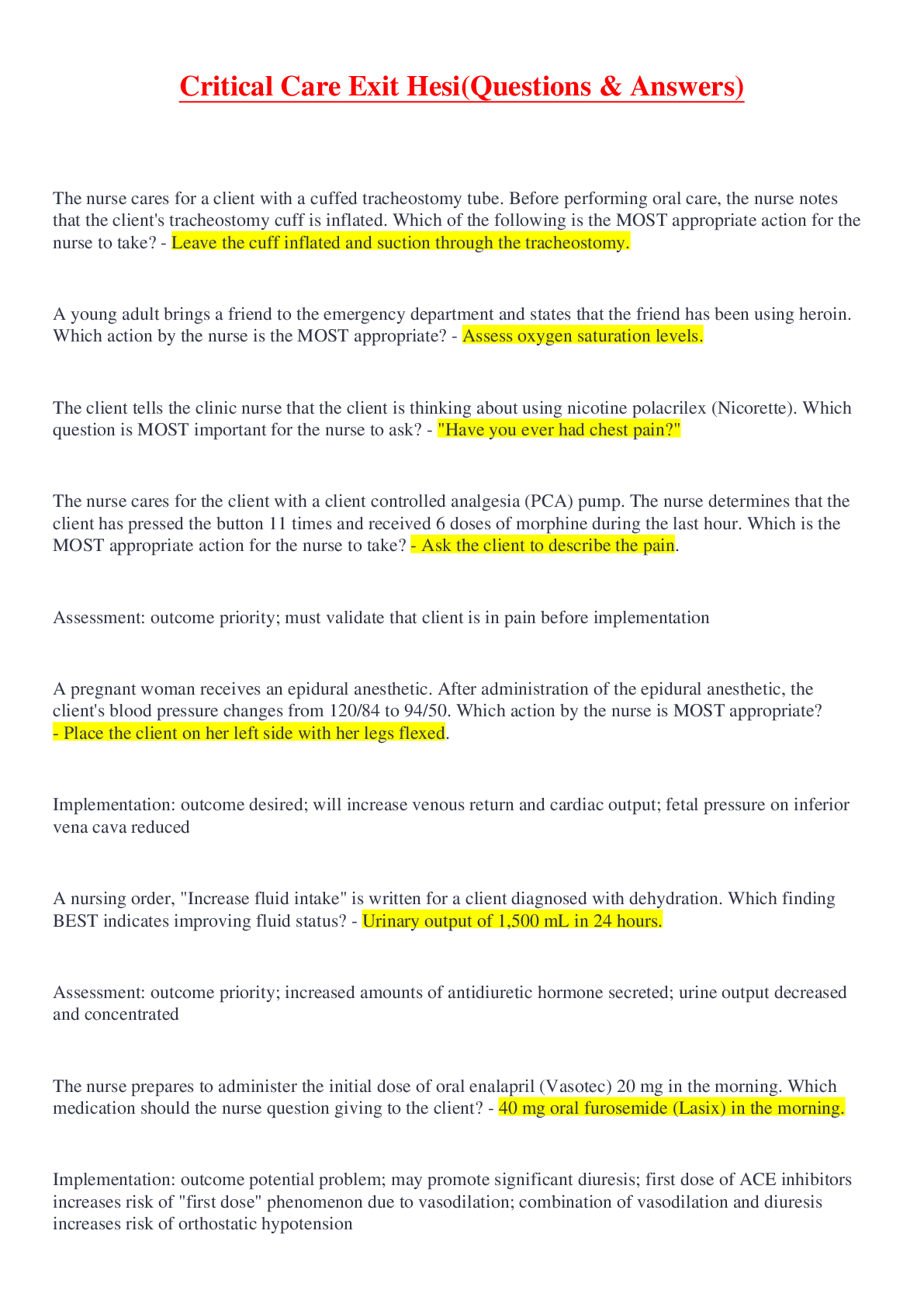 Preview image for Critical Care Exit Hesi(Questions & Answers)